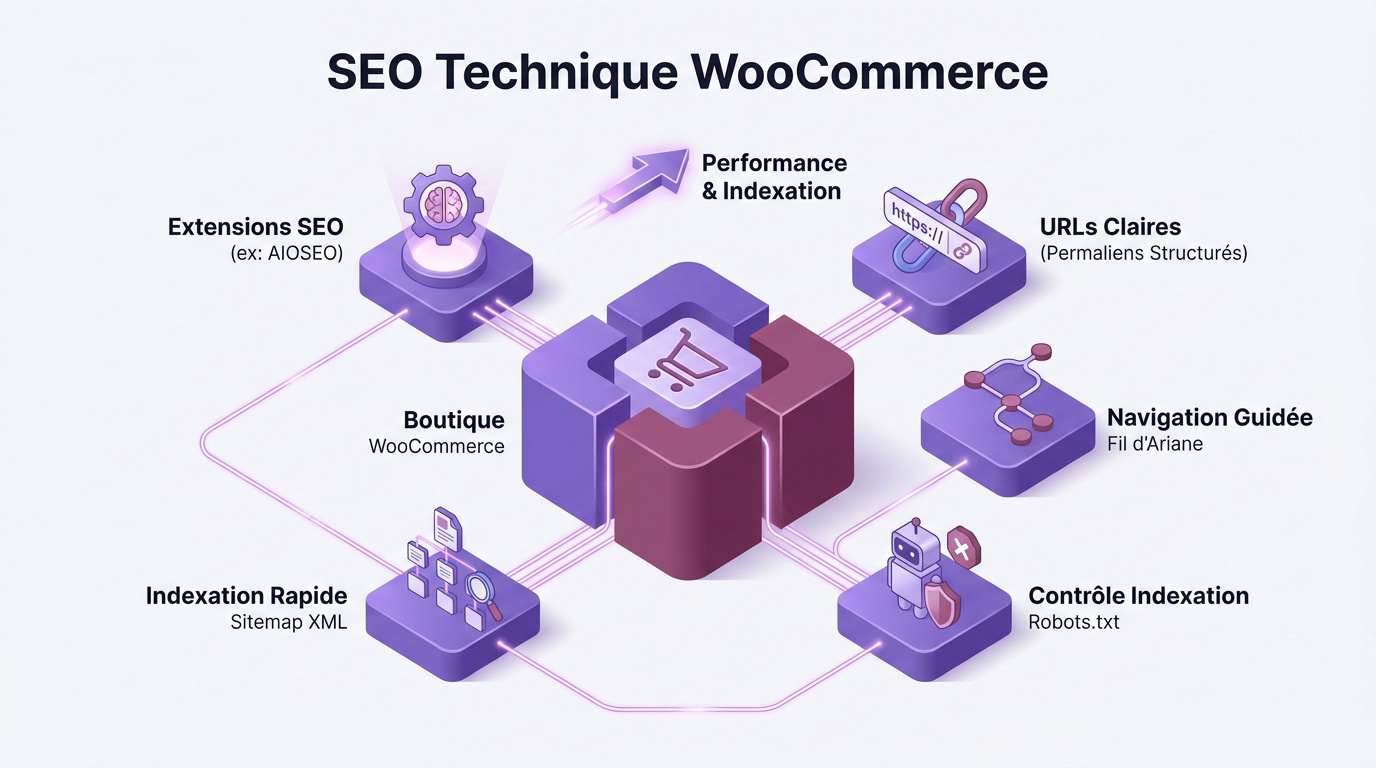 Infographie détaillant la checklist SEO technique pour une boutique WooCommerce performante