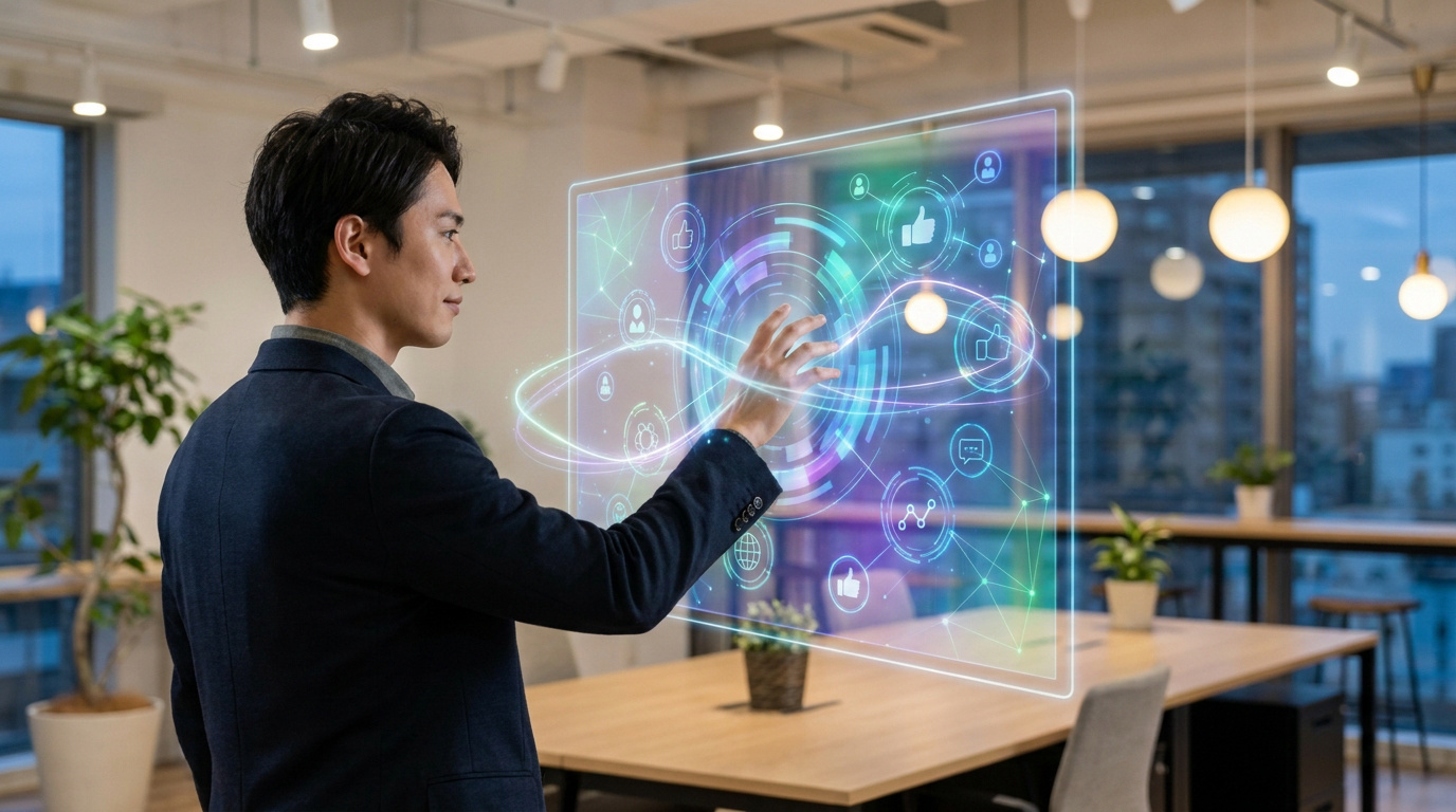 Un homme d'affaires interagissant avec une interface holographique représentant les réseaux sociaux et l'IA.