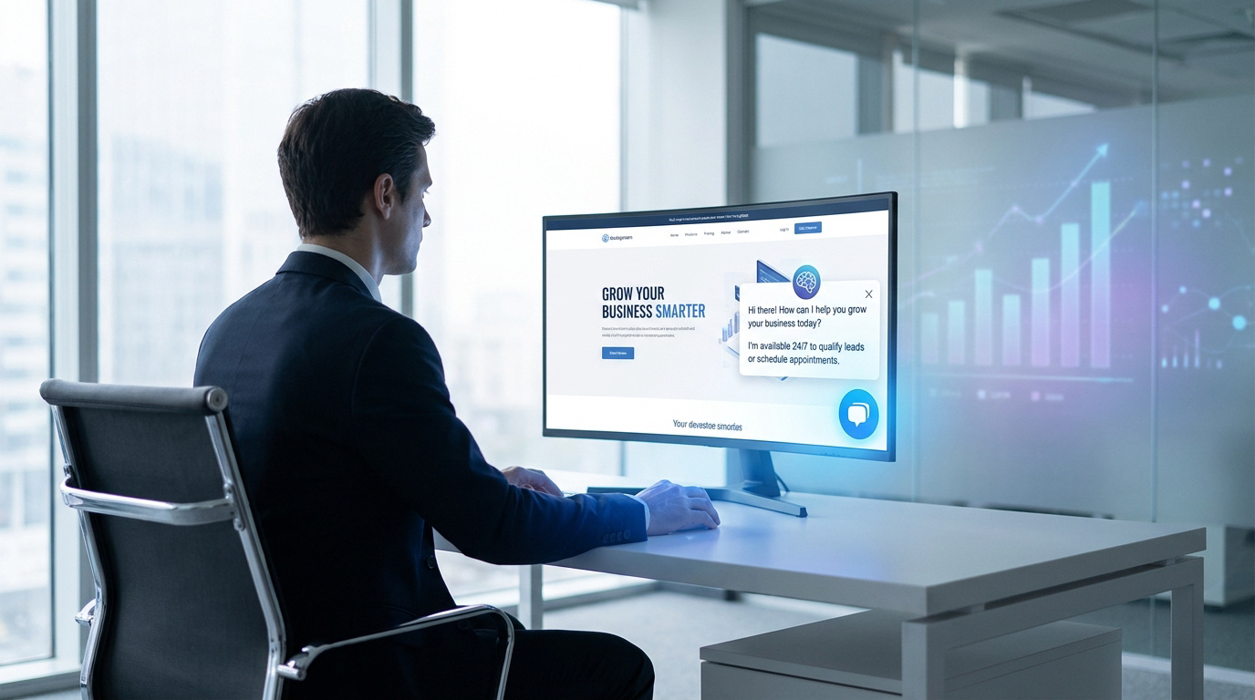 Un professionnel travaillant sur un ordinateur affichant un agent conversationnel IA sur son écran de bureau.