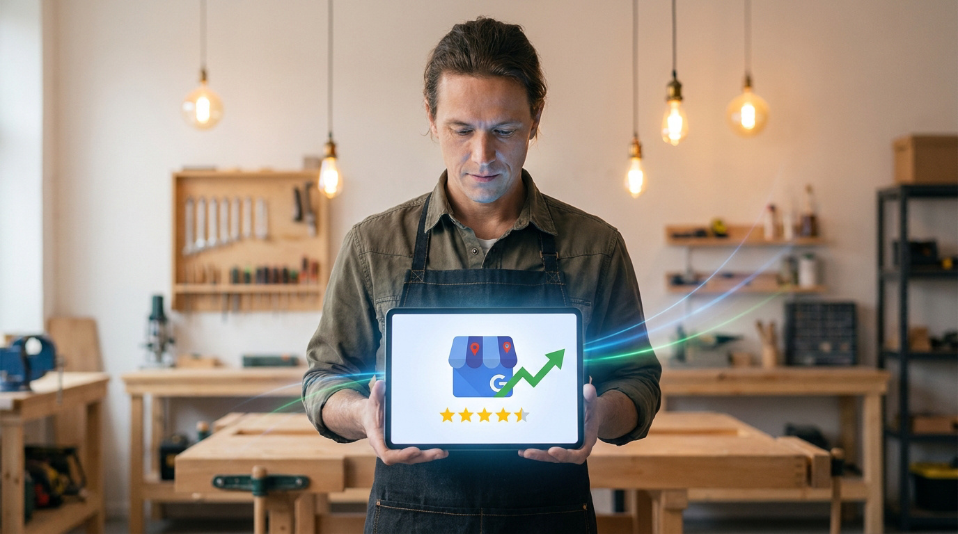 Un artisan montre une tablette avec le logo Google Business et une courbe de croissance positive dans son atelier.
