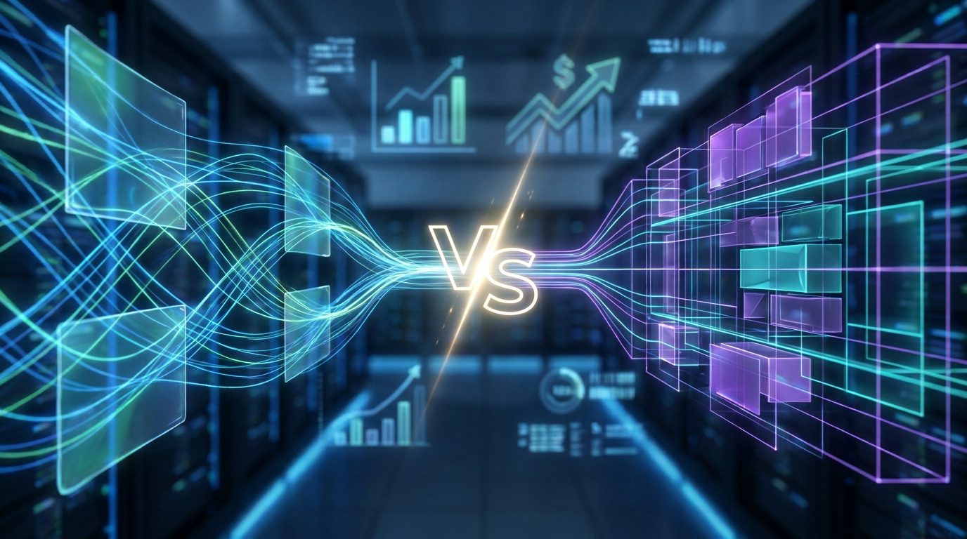 Représentation technologique futuriste du duel entre WooCommerce et PrestaShop au sein d'un centre de données.