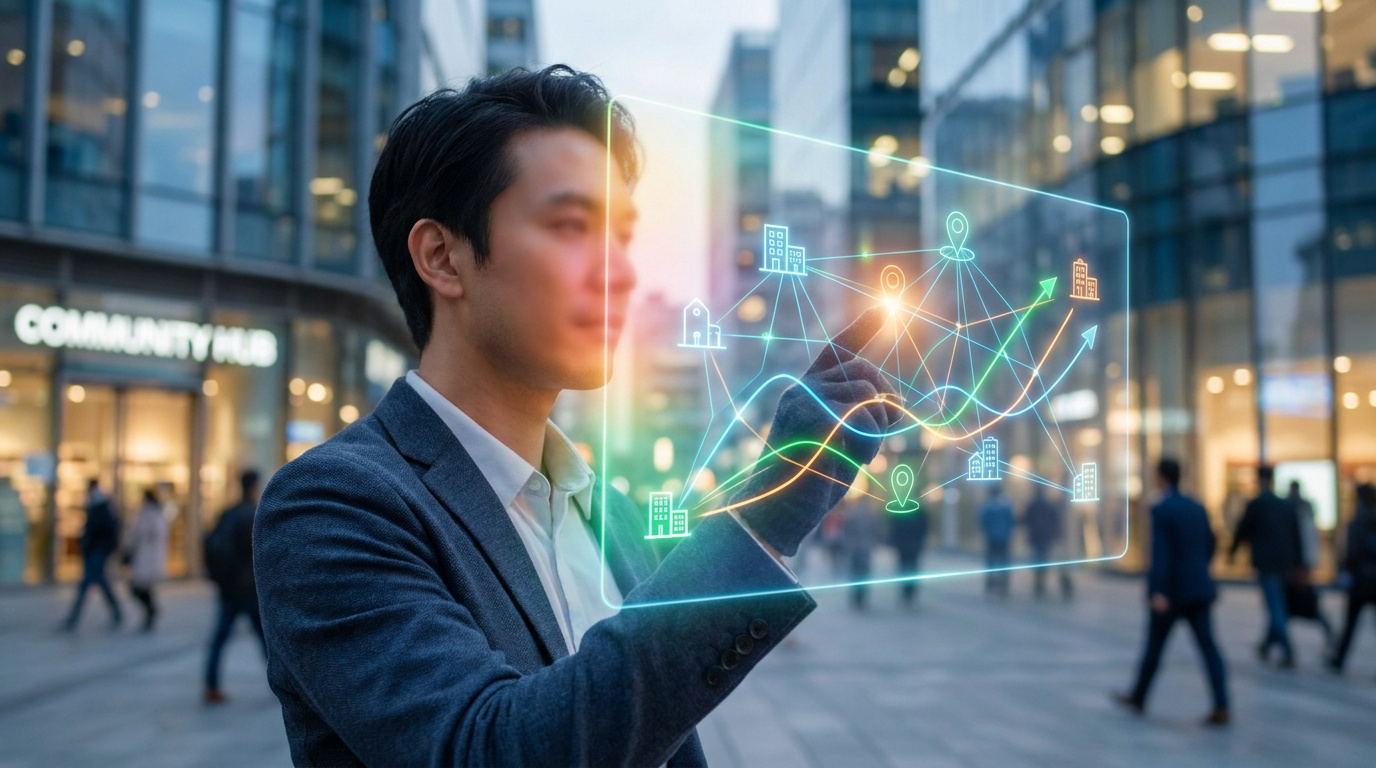 Homme d'affaires utilisant une interface numérique holographique avec des icônes de localisation dans un centre-ville.