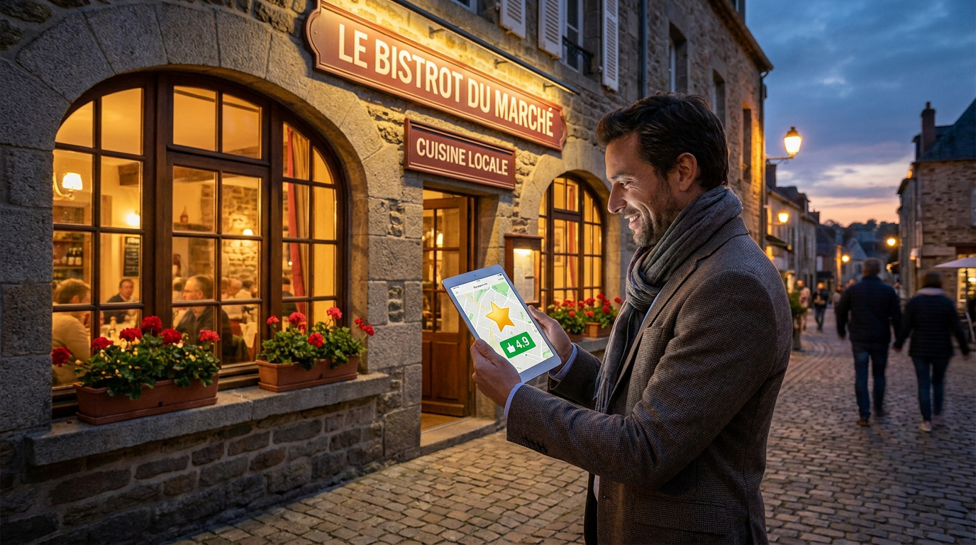 Un homme consulte une tablette affichant une excellente note devant le restaurant Le Bistrot du Marché à la tombée de la nuit.