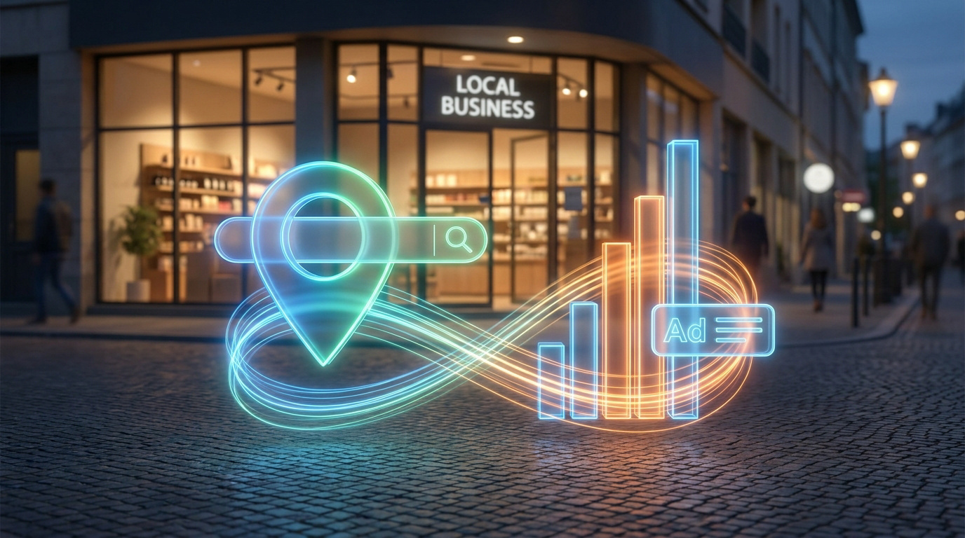 Icône néon en forme d'infini combinant géolocalisation, barres de croissance et publicité devant une vitrine de commerce.