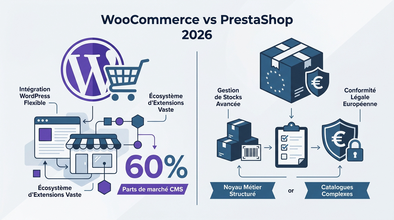 Graphique comparatif des parts de marché WooCommerce vs PrestaShop en 2026